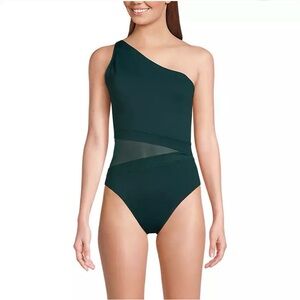 Lands' End One-Shoulder Dark Green Mesh-Accent One-Piece Swimsuit